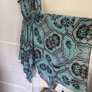 H&M boho trippy print handkerchief hem fairy midi dress